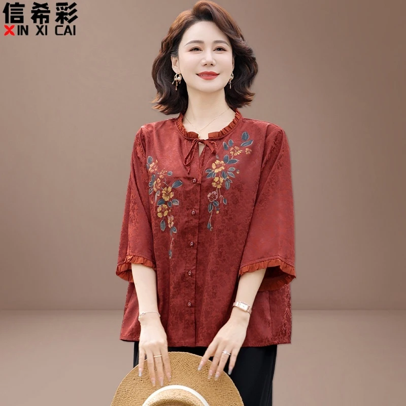 妈妈夏装七分袖雪纺衫洋气中老年衬衫上衣女两件套装老人衣服国风