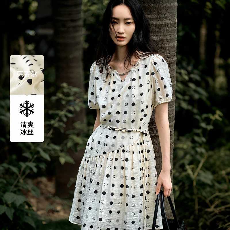 XG/雪歌连衣裙XL204853B806冰丝波点莱赛尔夏季显瘦小个子女士