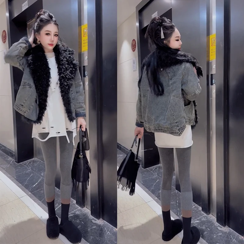 牛仔派克街头风防风冬季新潮风2538厚款短外套拼接气质重工毛领女