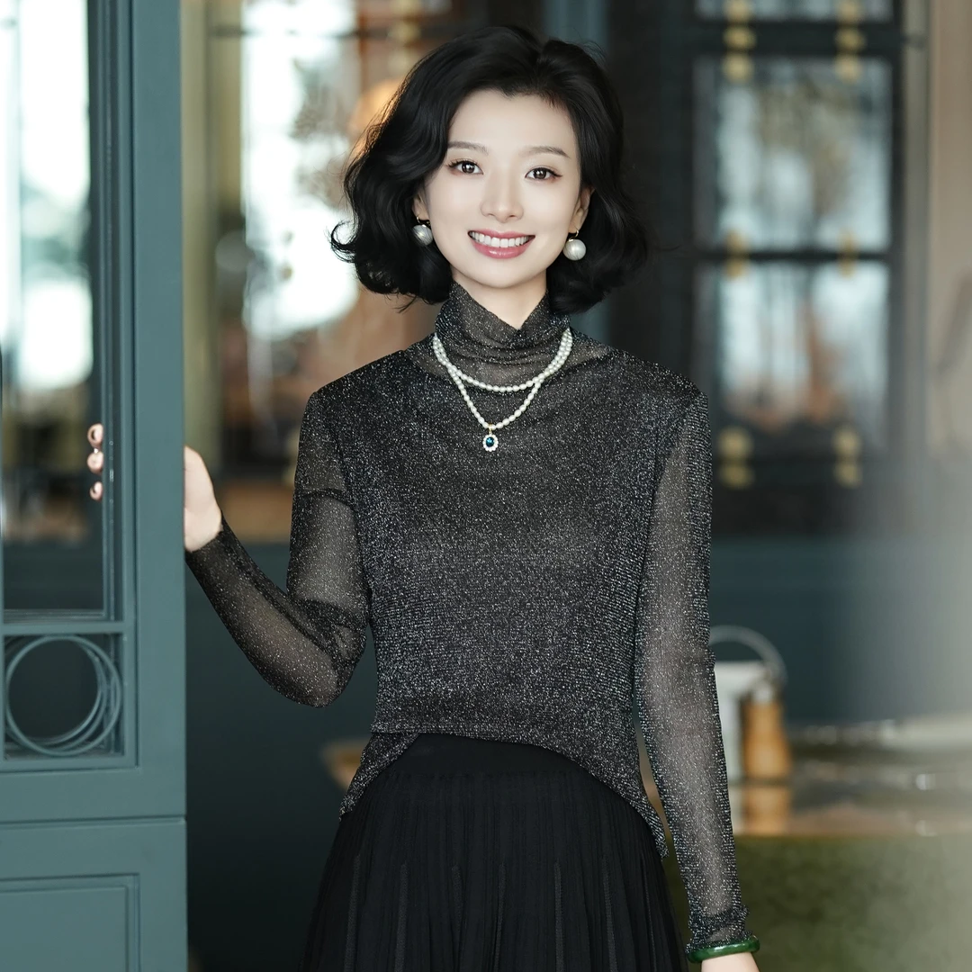 西子/【星夜】银丝纱高领高弹网纱打底高级灰小衫打底/CSHC070