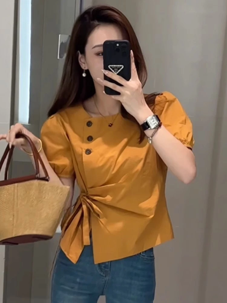 设计感不规则绑带收腰衬衫女夏款2025新款小众显瘦法式绝美小上衣