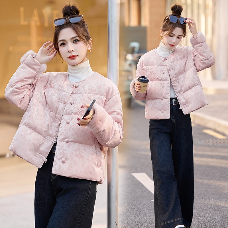 新中式国风提花羽绒服女短款2025冬季爆款小个子复古刺绣保暖外套