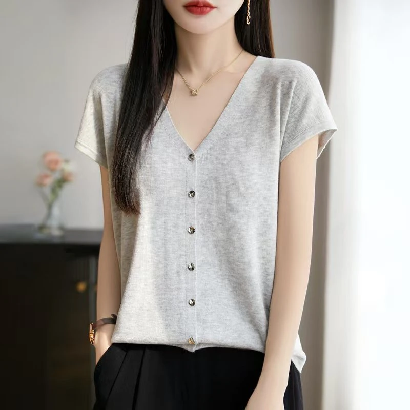 夏季新款精纺羊毛落肩小飞袖V领宽松显瘦针织开衫短袖气质NS-2584