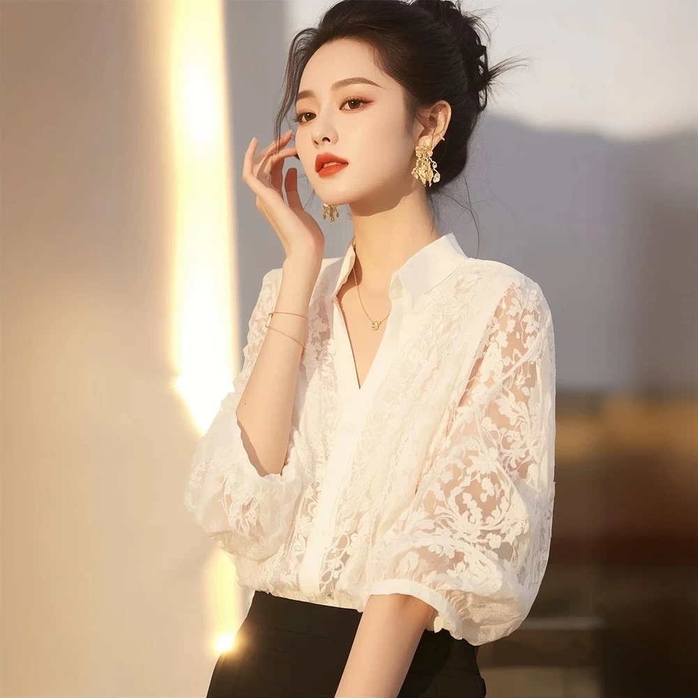 蕾丝衬衫女夏季2025新款七分袖时尚复古衬衣宽松洋气质纯欲风上衣
