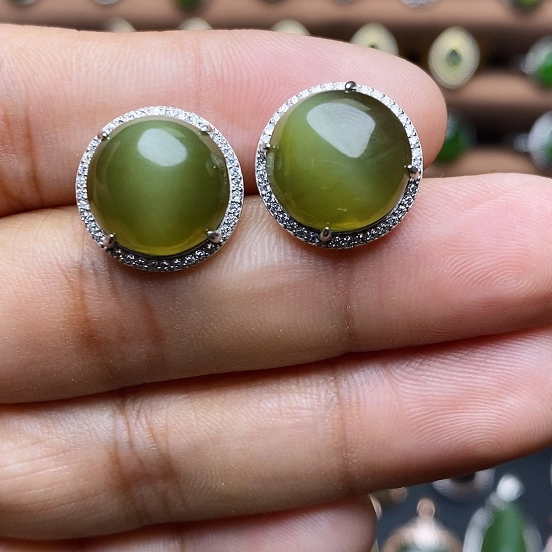 吊坠(不含链)银S925镶嵌和田玉（碧玉）耳饰