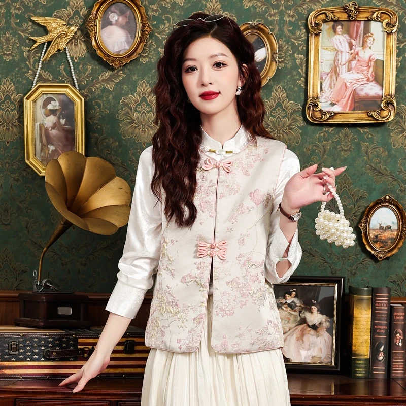 新中式复古国潮重工刺绣精致盘扣春秋新款无袖坎肩百搭马甲女