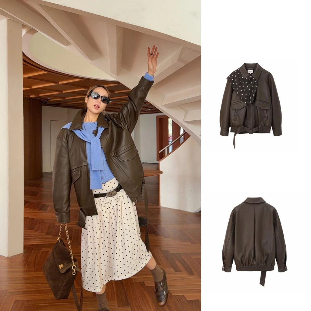 AVVENN2026春波点丝巾宽松皮夹克外套女1890dopdop买手店