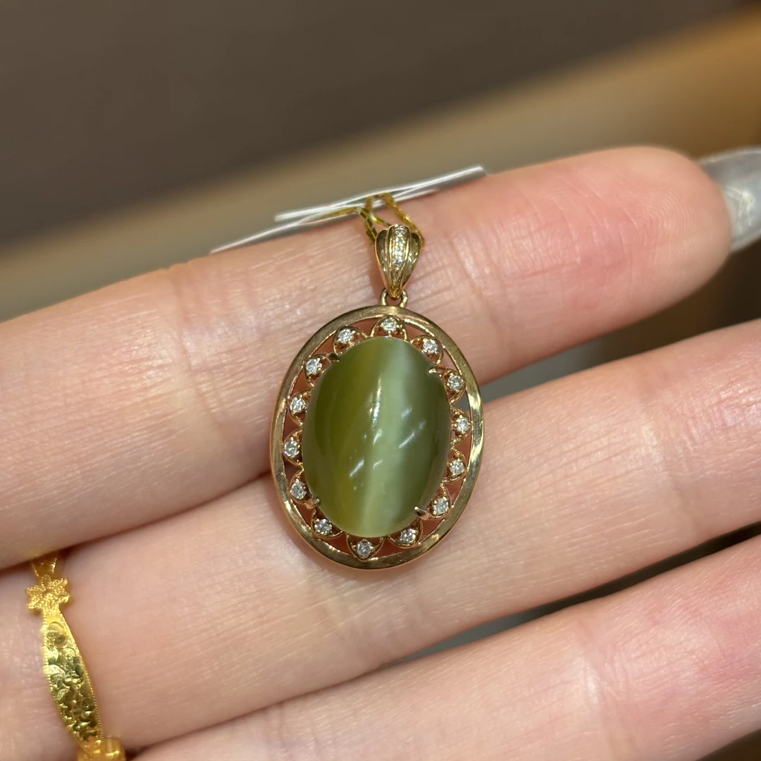 082308yx和田玉碧玉猫眼18K金金镶吊坠19.3*14.9*7.6