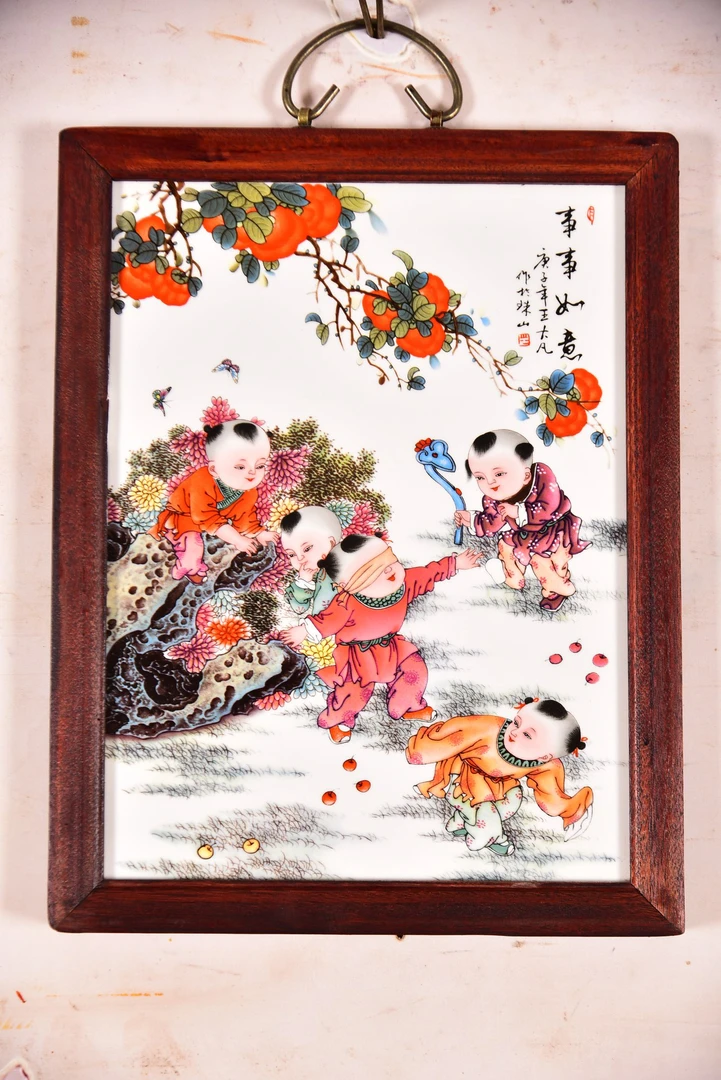 景德镇瓷板画柿柿烧制王大凡老师作品事事如意童子闹春图37*28