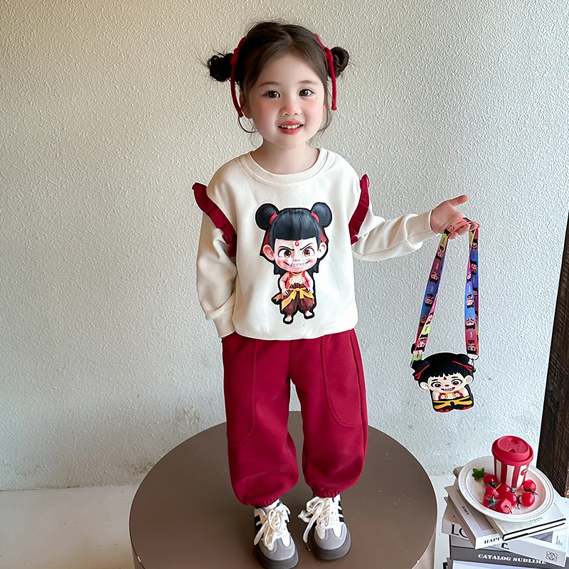 女童套装2025春秋新款女宝宝哪吒花边卫衣卫裤儿童休闲春款两件套