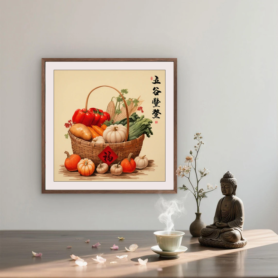 111-50*50五谷丰登新中式装饰画木框玄关书房茶室客厅挂画