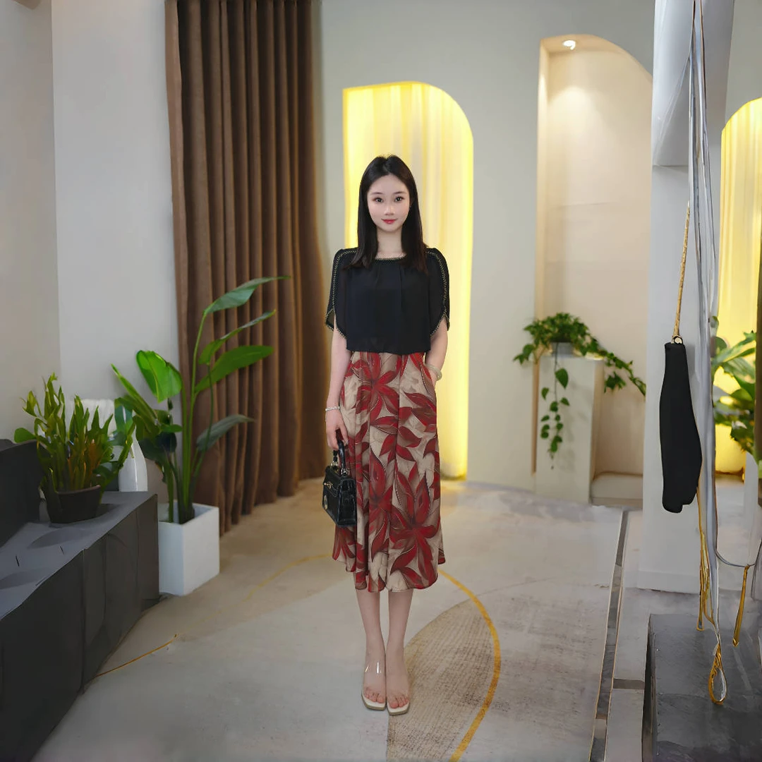 优雅气质显瘦2025夏季新款时尚假两件中长款连衣裙女裙子