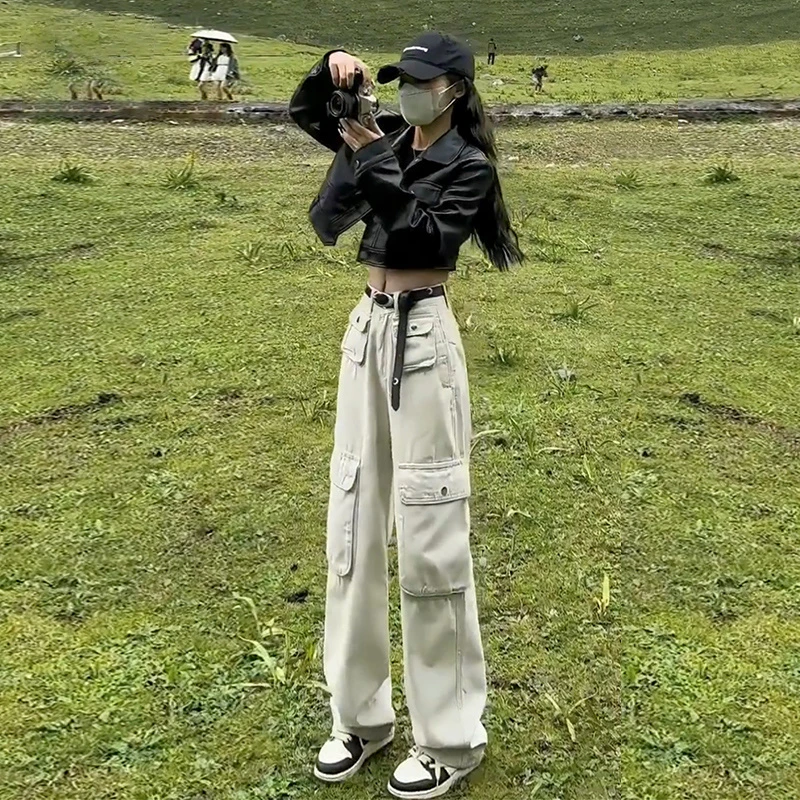 修身高腰工装裤子潮流百搭新款女2025年黑色夏季显高显瘦牛仔裤