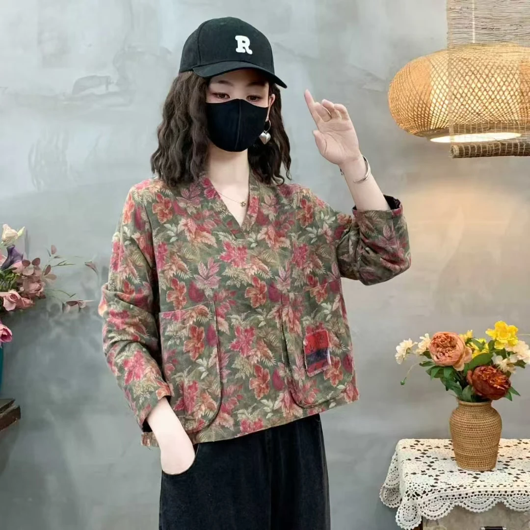 (双面穿）秋季新款砂洗工艺洋气宽松大码碎花时尚长袖休闲遮肉小衫