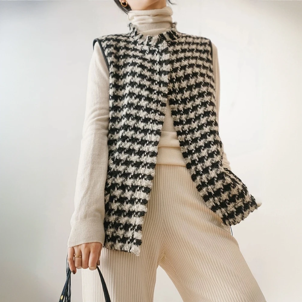 2025年春秋新款韩版潮款宽松千鸟格开衫流苏马甲小香风显瘦外套女