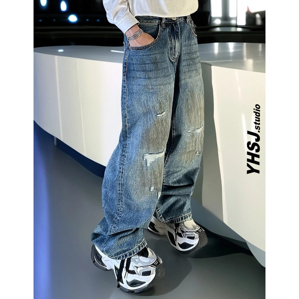 YHSJ巴黎潮牌美式复古水洗做旧宽松阔腿破洞牛仔裤潮流痞帅直筒裤