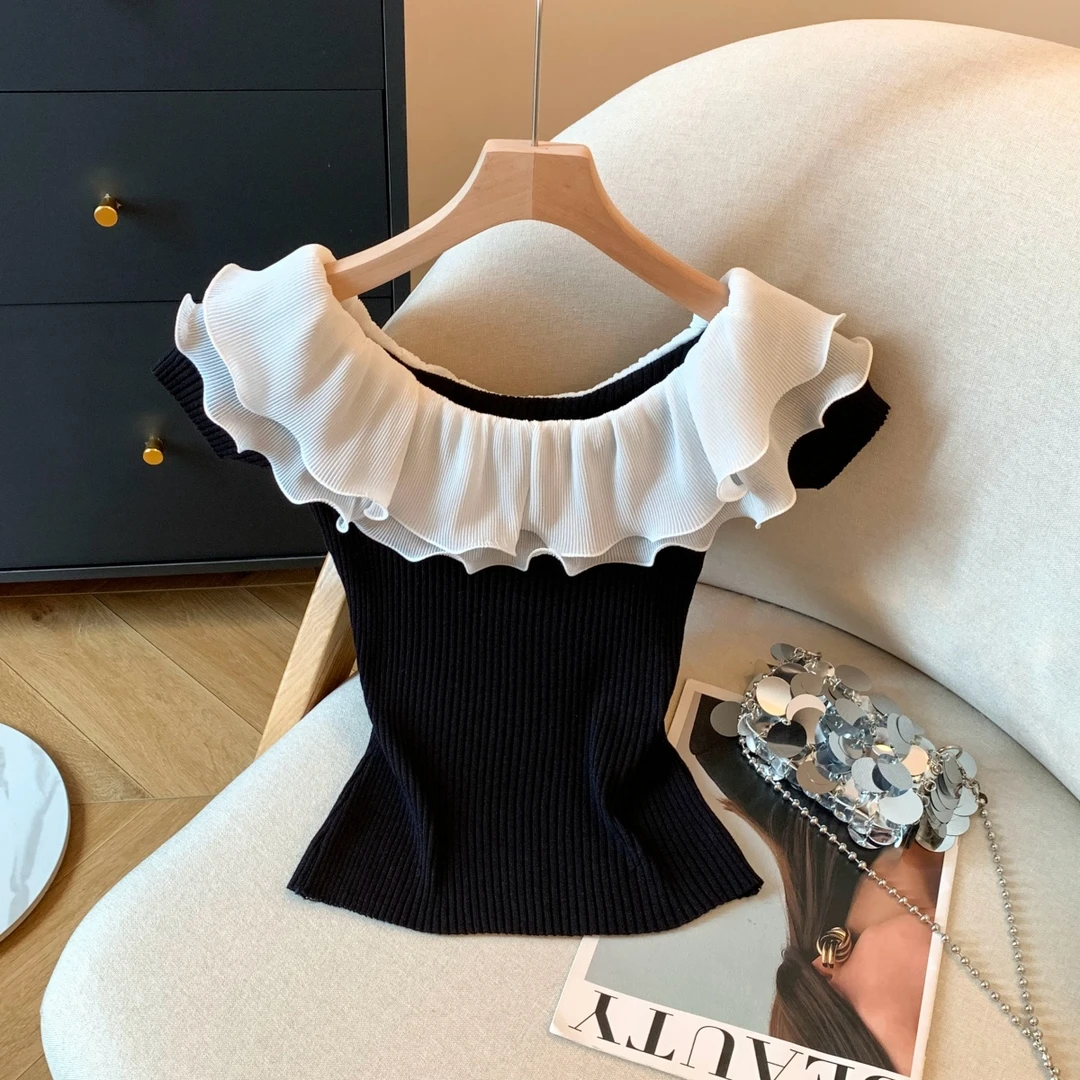 自留款推荐~一字领荷叶边针织T恤女夏季新款气质显瘦短款露肩上衣