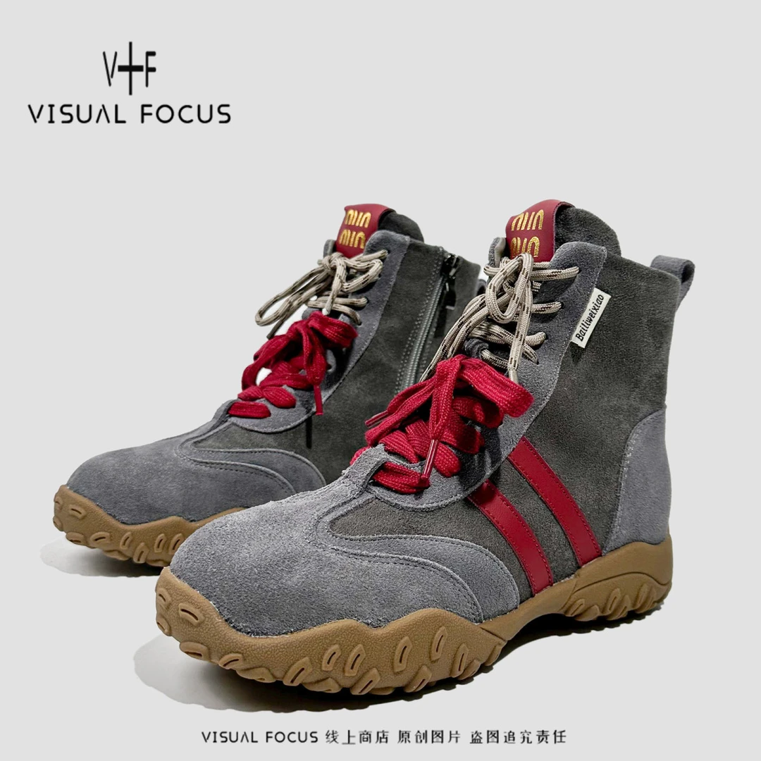 Visual focus 真皮高帮短靴女时尚休闲德训绑带厚底内增高时装靴