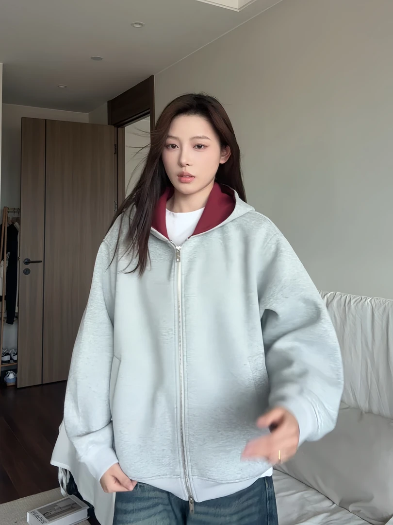 WIND BLOWS美式复古拼色开衫连帽卫衣宽松休闲百搭运动风