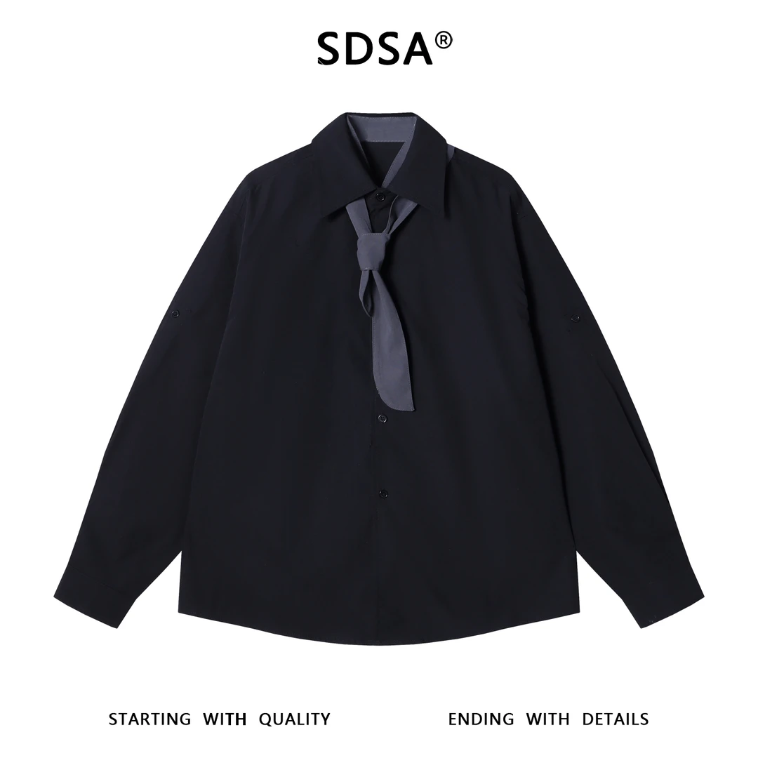 SDSA男士秋冬新款痞帅男装潮牌撞色领带长袖衬衫复古网红款衬衣