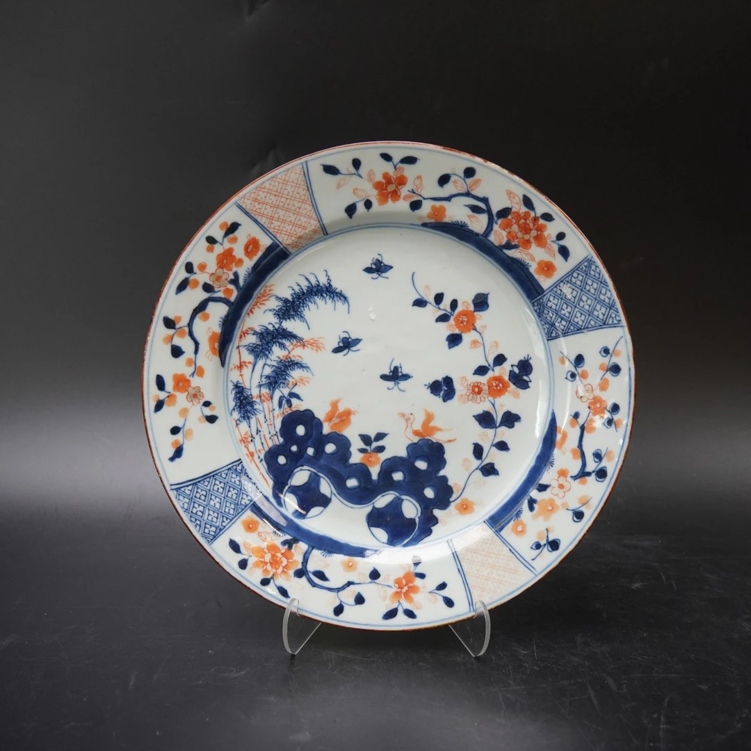 Lot.25080617清康熙青花矾红湿石花鸟纹赏盘 直径：约24.7cm
