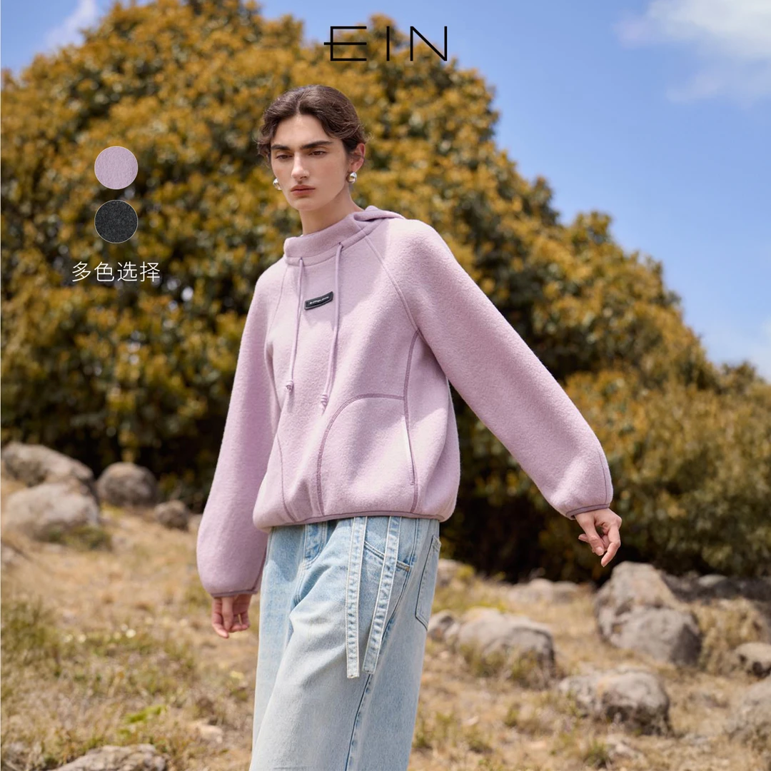 EIN/言轻量感绵羊毛抽绳连帽插肩袖休闲卫衣上衣2025早秋新款