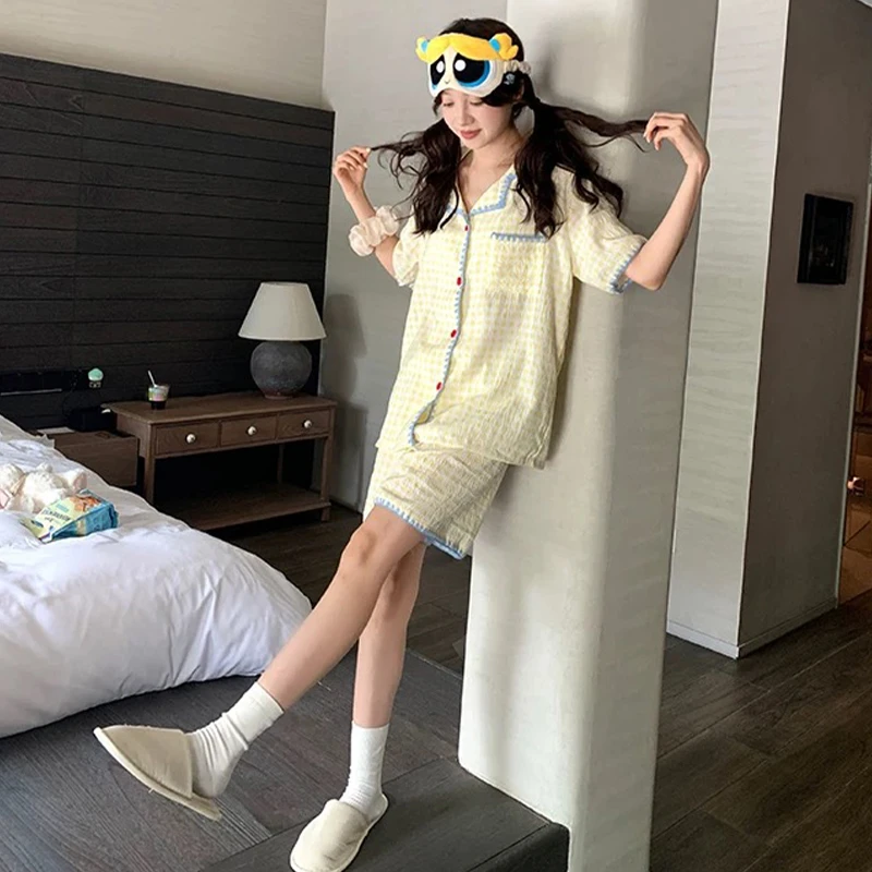2025新款睡衣女夏季短袖甜美少女韩系简约格子家居服套装可外穿