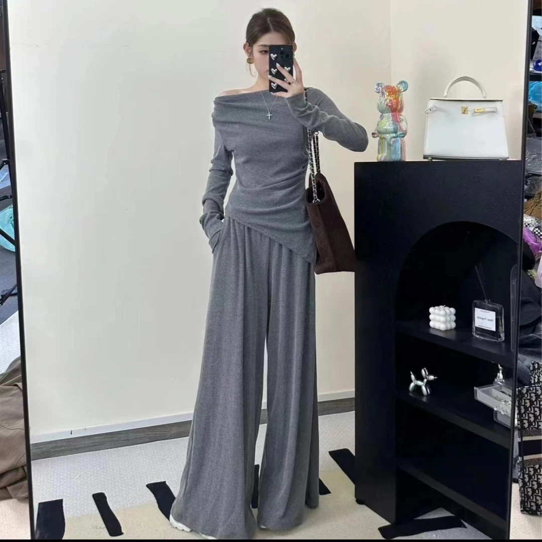 纯色休闲时尚加长一字肩套装气质显瘦百搭针织长袖款两件套80196