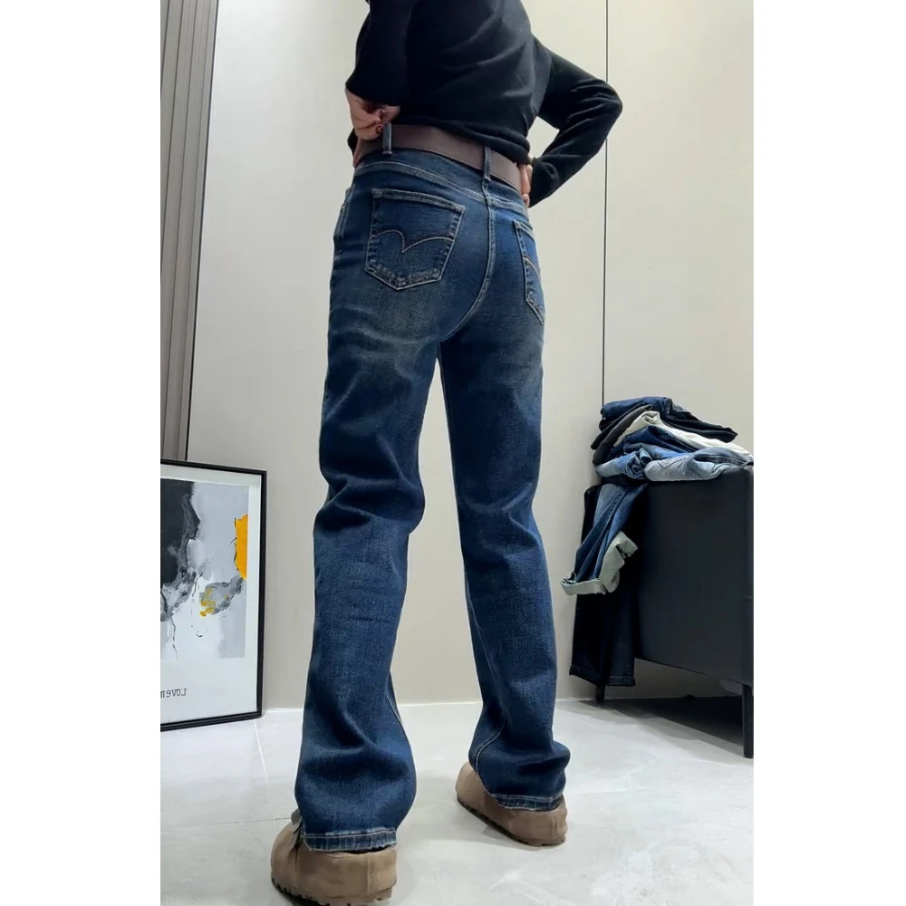 蓝色弹力窄版直筒牛仔裤女2025秋季梨形身材大码高腰修身显瘦长裤