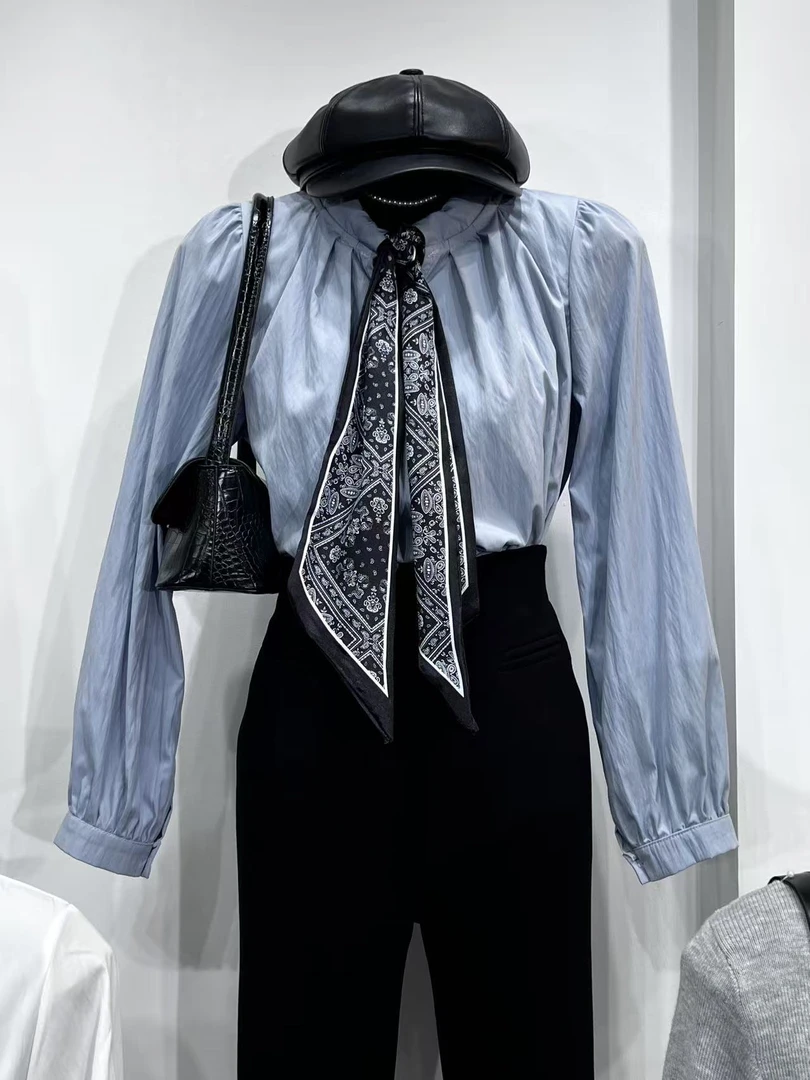 2025早秋新款高级感气质拼接丝巾衬衫法式别致宽松泡泡袖上衣