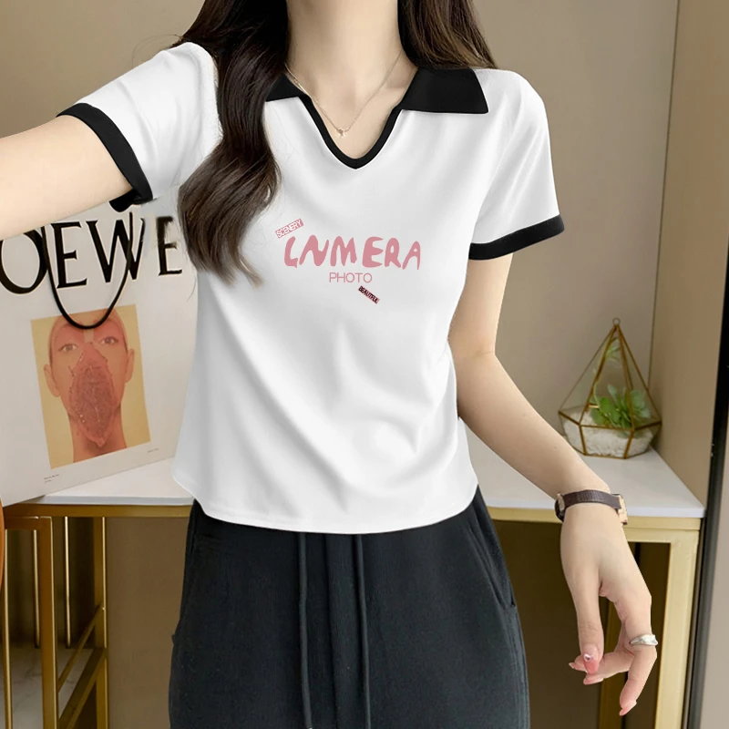 大码胖mm设计感撞色翻领短袖T恤女士夏季纯欲风辣妹修身显瘦上衣