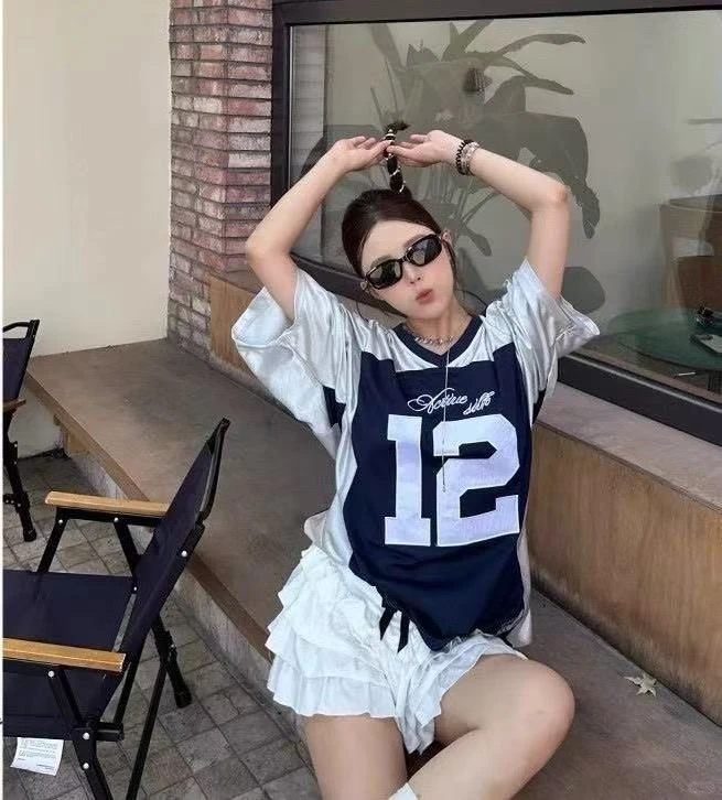 2025夏季新款美式设计小众足球12号球衣宽松短袖T恤上衣+半身裙