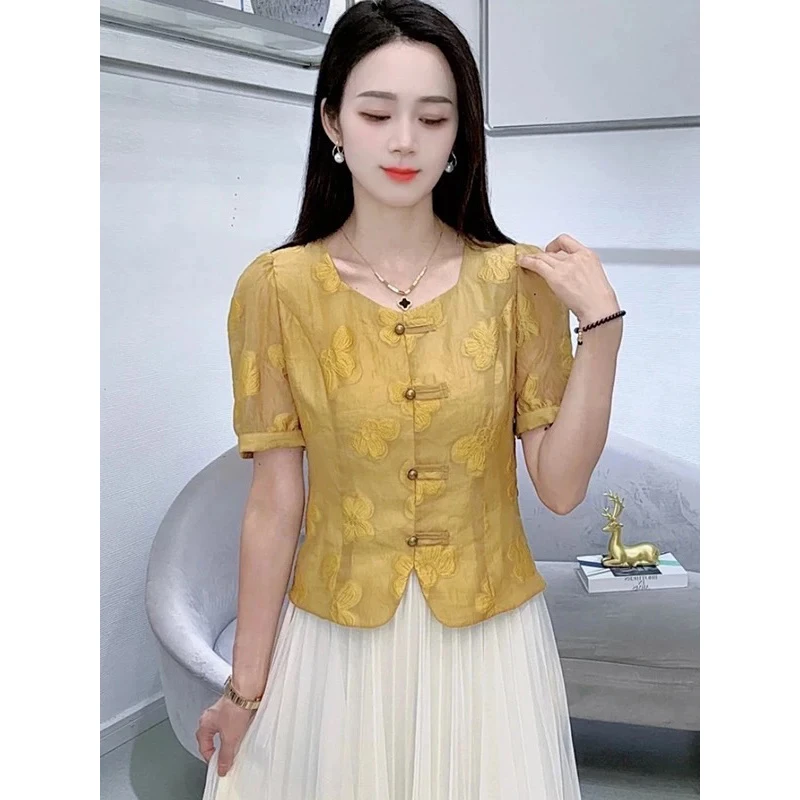 【639】夏季新中式复古盘扣衬衫女洋气减龄百搭显瘦上衣