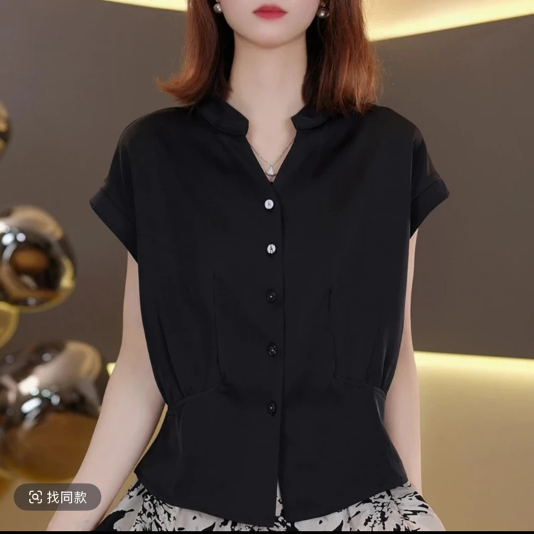 2025年夏季新款V领时尚洋气百搭纯色短袖T恤女装时髦收腰显瘦上衣