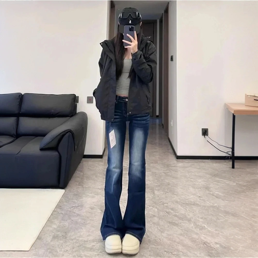 美式复古猫须微喇牛仔裤女春季2025新款低腰显瘦马蹄喇叭拖地裤子