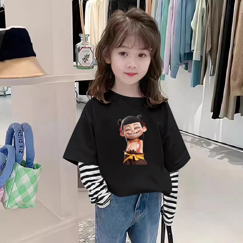 男女童t恤长袖2025新款春秋款儿童纯棉哪吒印花洋气假两件上衣