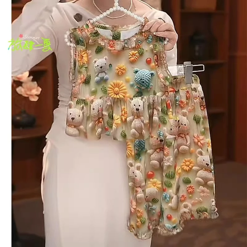 女童碎花背心阔腿裤套装2025夏季卡通印花雪纺木耳边无袖防蚊裤潮