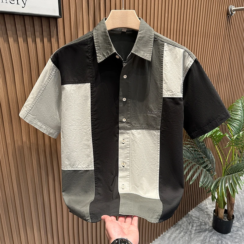 夏季潮牌清新拼接短袖衬衫男士轻奢时尚潮流百搭青年休闲宽松衬衣
