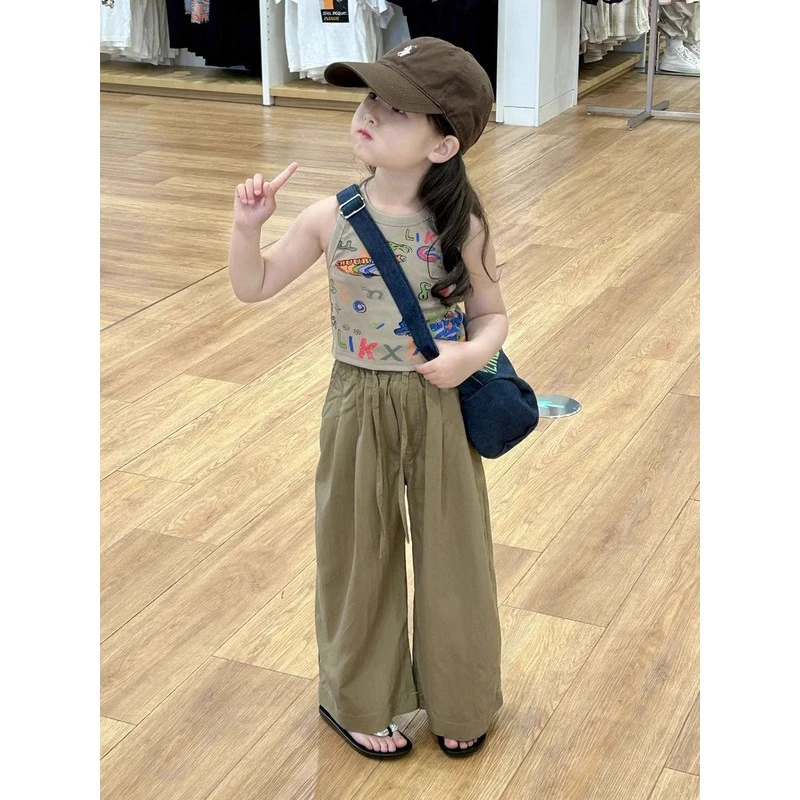 戴维贝拉【断码】韩版女童2025夏季新款卡通涂鸦纯棉背心女宝宝卡其