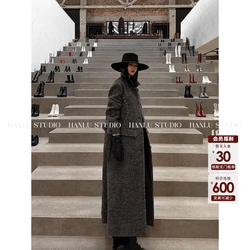 HANLU STUDIO品牌原创明线拱针立裁廓形拼皮翻领长款毛呢羊毛大衣