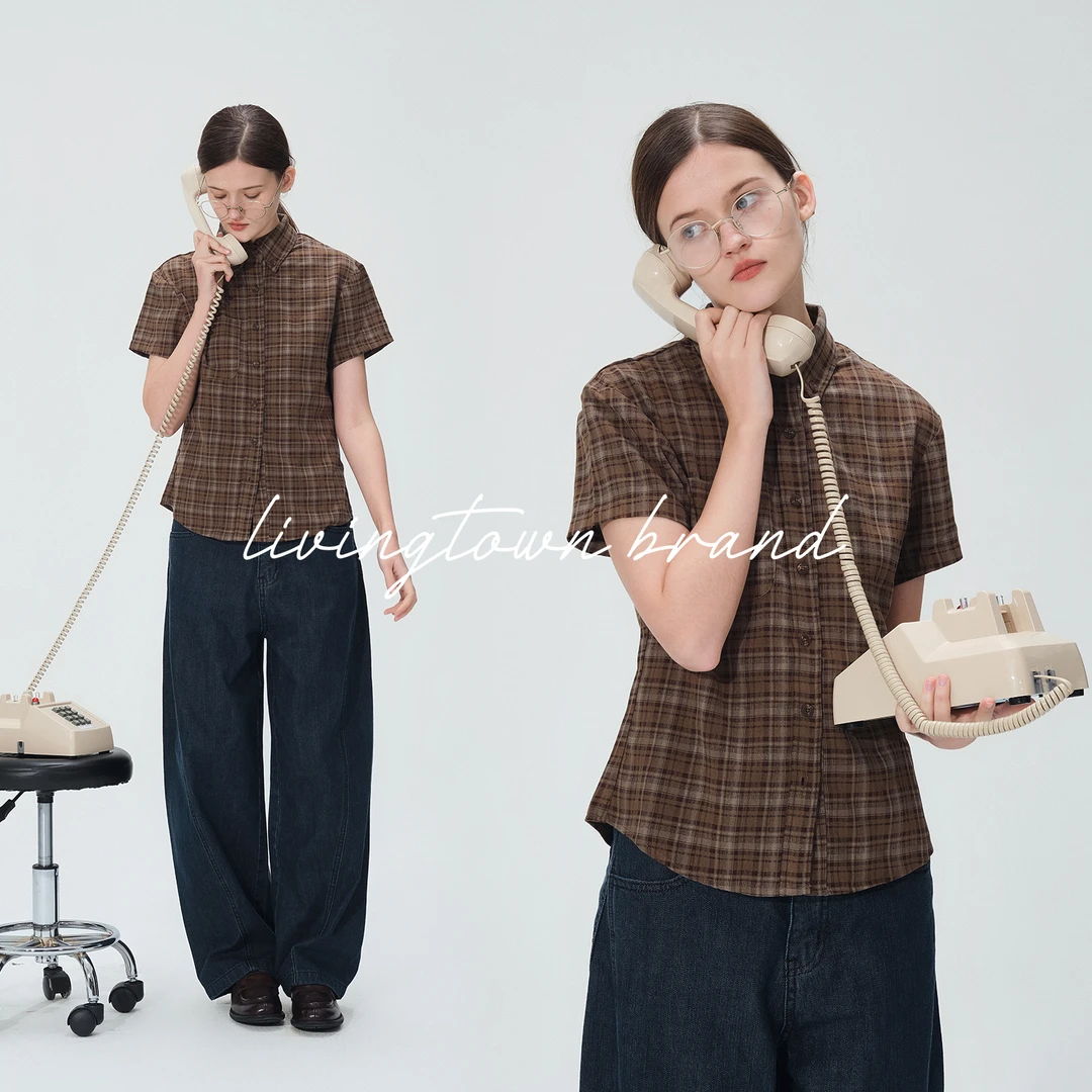 LIVINGTOWN复古绿格夏季百搭透气格子衬衣女宽松正肩显瘦短袖衬衫