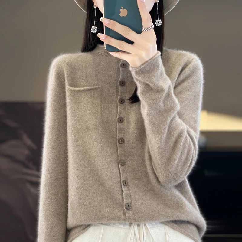 卷边圆领外套女新款纯羊毛衫带兜宽松百搭气质时尚洋气针织衫女