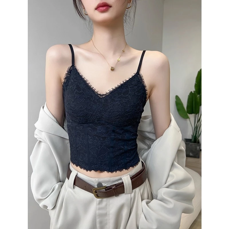 黑色v领蕾丝吊带背心女夏外穿带胸垫防走光内搭打底无袖短款上衣
