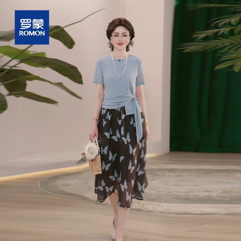 罗蒙新款妈妈装夏装连衣裙两件套上衣洋气中老年女装百搭高档裙子