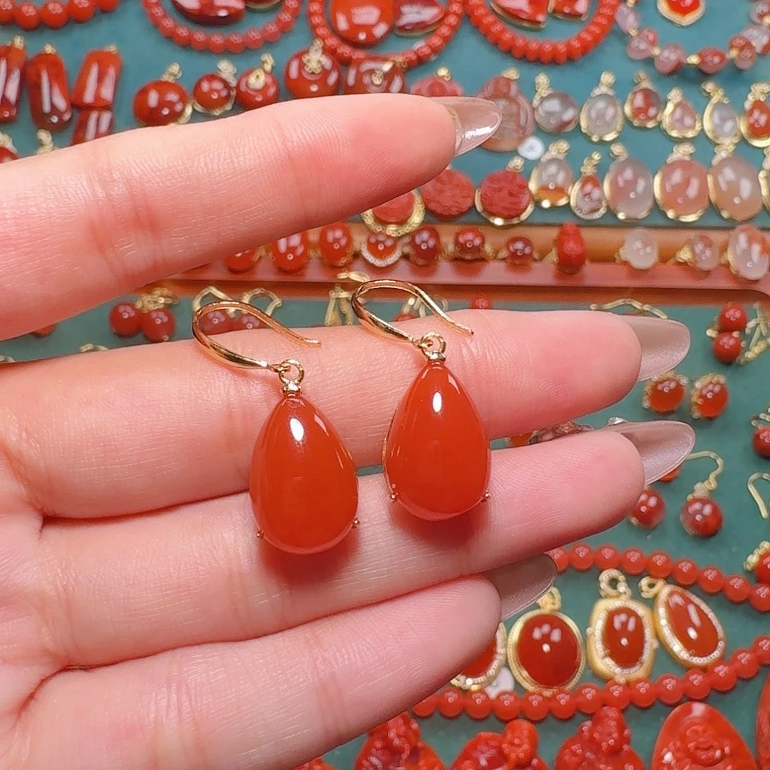 南红玛瑙银S925镶嵌耳饰