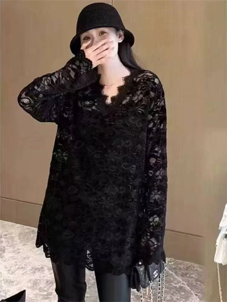 【1383】菜#休闲百搭蕾丝V领宽松上衣