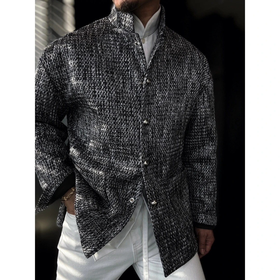 DRUNKCORNER 立领银灰色编织银扣双贴袋夹克外套小香风微阔