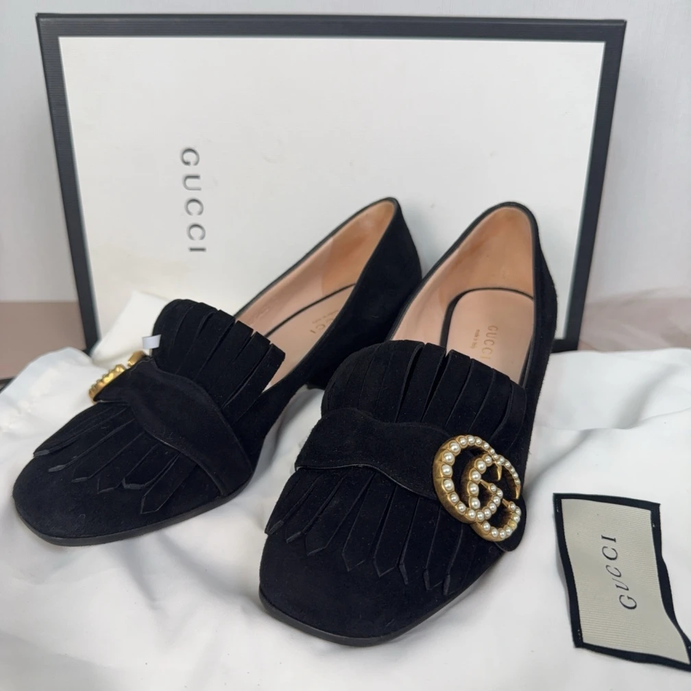 95新 GUCCI/古驰 Gucci古驰黑色麂皮双G高跟鞋35.5码cj7071