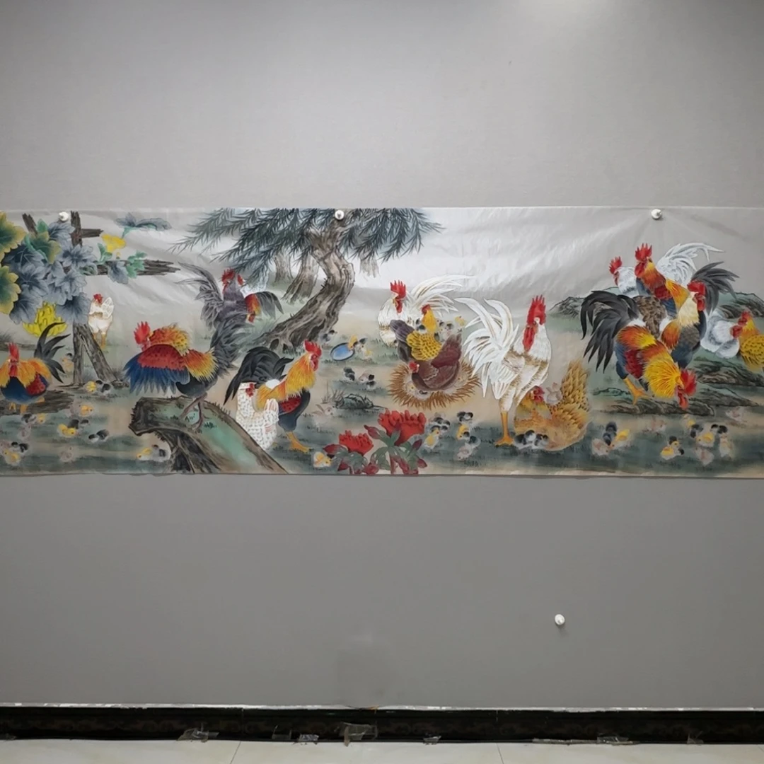 国画绢本大尺寸百鸡图贾敏