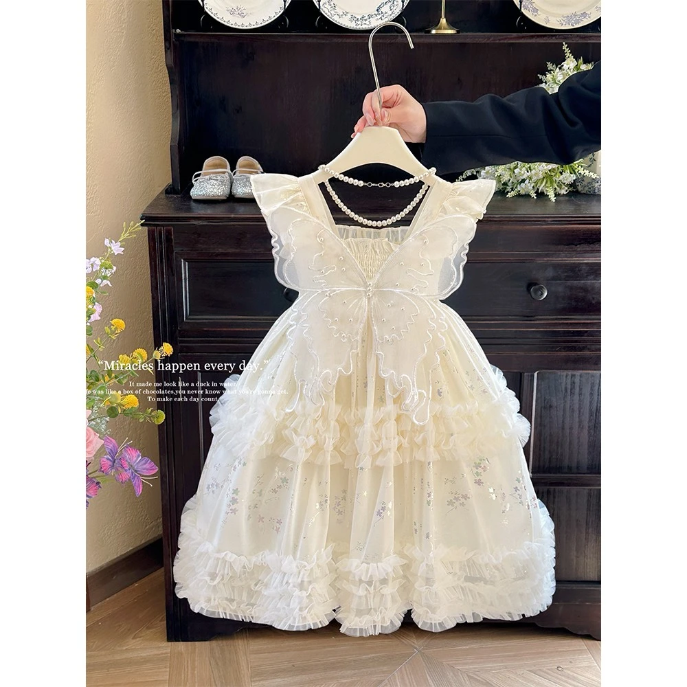 女童公主裙夏季2025新款绝美洋气女孩白色礼服儿童蝴蝶翅膀连衣裙